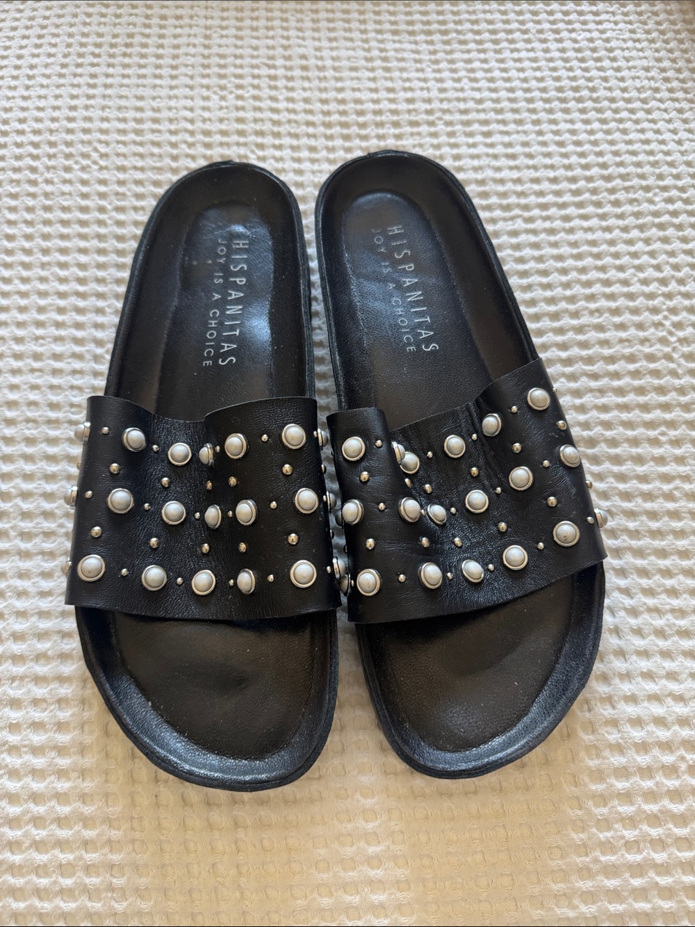 Hispanitas Black Leather Studded Pearl Slide Sandals EU 41 Spain Comfort